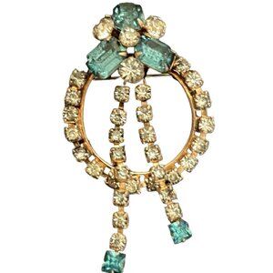 Scitarelli Pendant Pin Brooch Signed  Blue, Clear Rhinestone Gold Tone 1950's